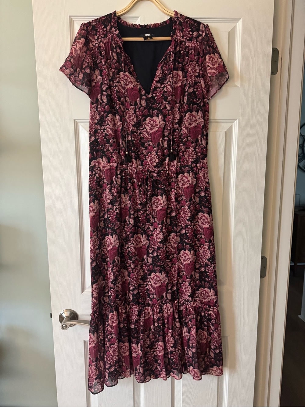 PAIGE Women’s Medium Maxi Dress Burgundy Black Floral Print Tiered Ruffle V-Neck